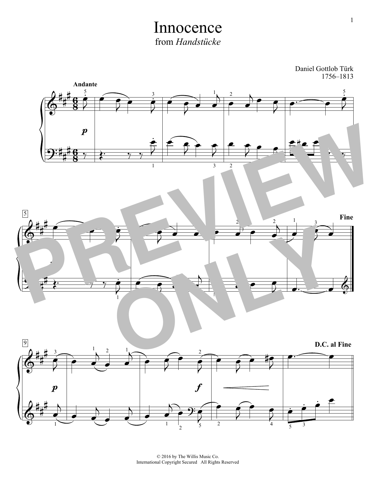 Download Daniel Gottlob Turk Innocence Sheet Music and learn how to play Educational Piano PDF digital score in minutes