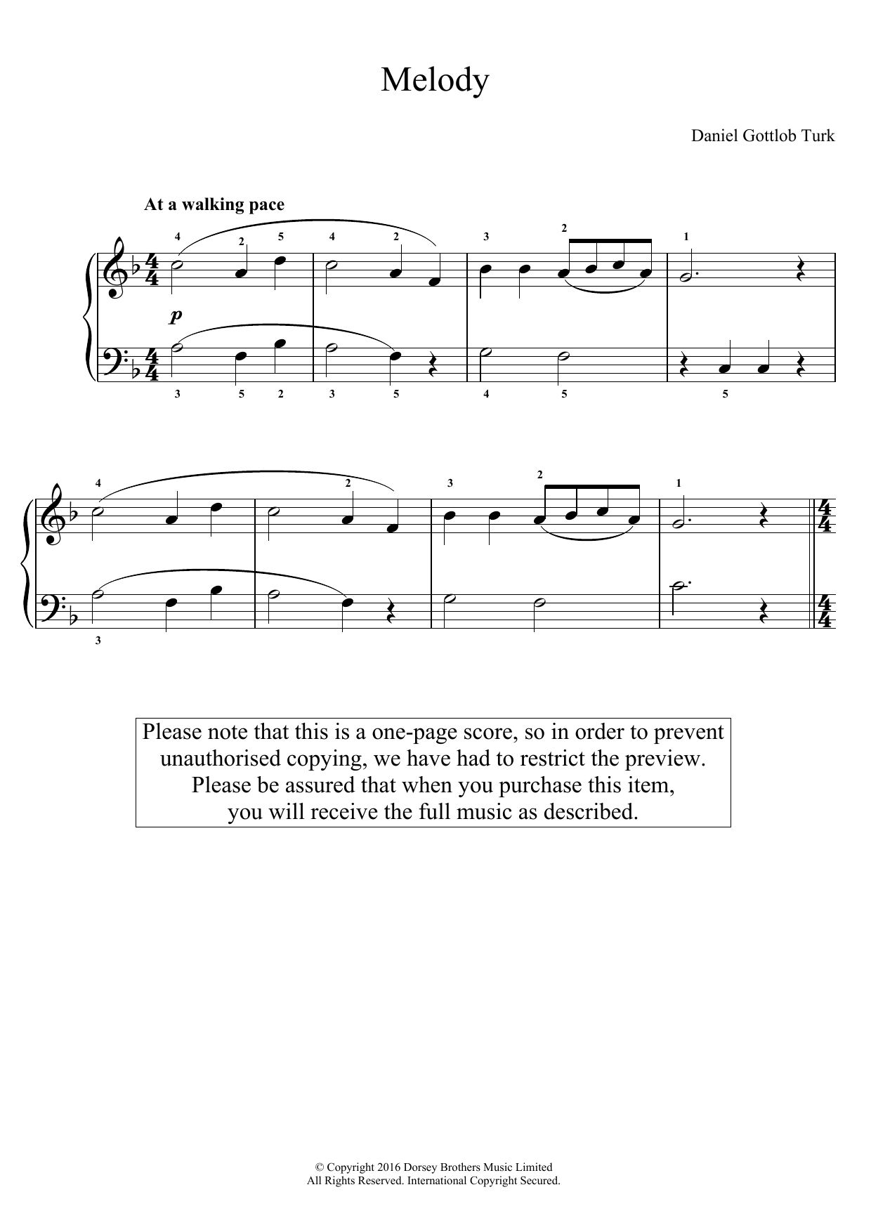 Download Daniel Gottlob Turk Melody Sheet Music and learn how to play Easy Piano PDF digital score in minutes