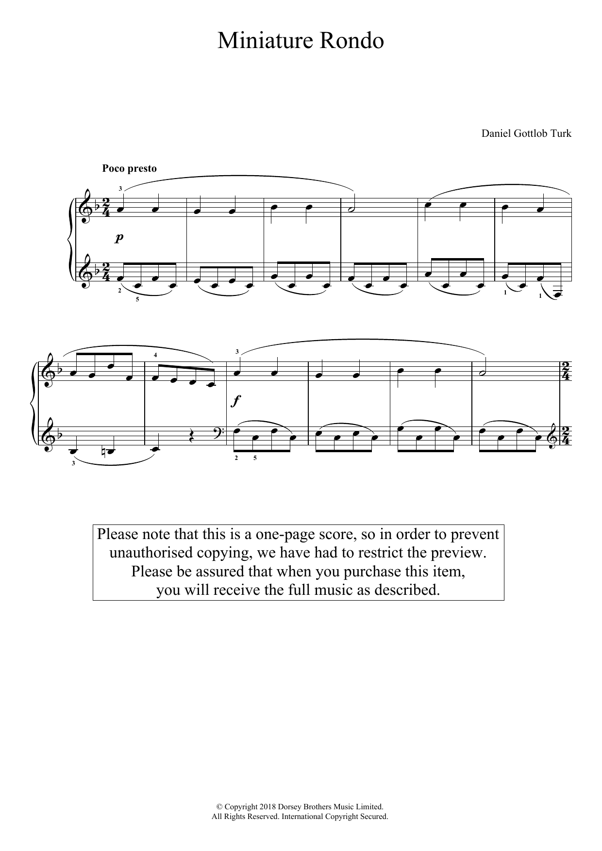 Download Daniel Gottlob Turk Miniature Rondo Sheet Music and learn how to play Piano PDF digital score in minutes