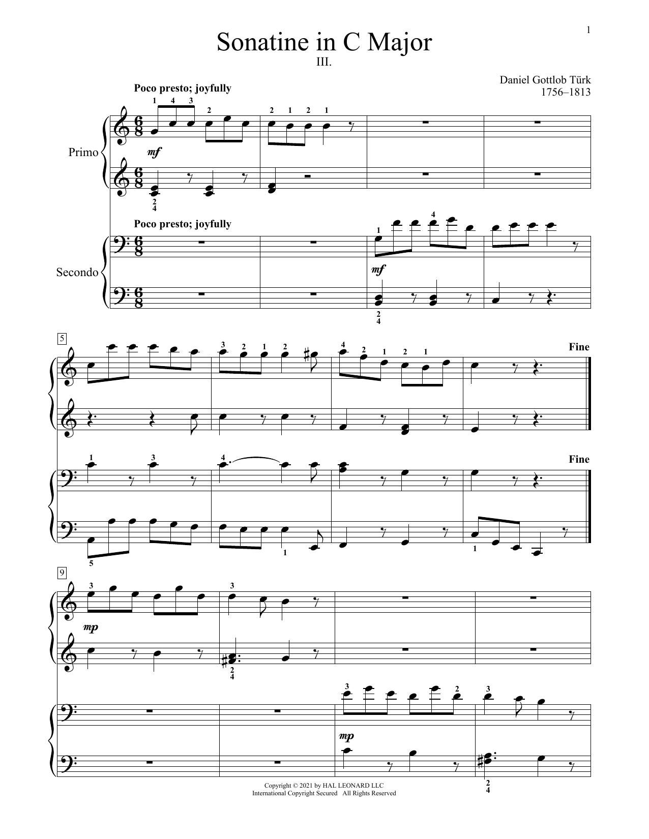 Download Daniel Gottlob Turk Sonatine In C Major Sheet Music and learn how to play Piano Duet PDF digital score in minutes