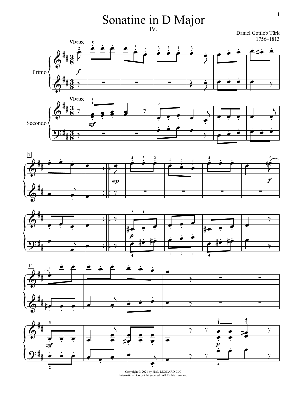 Download Daniel Gottlob Turk Sonatine In D Major Sheet Music and learn how to play Piano Duet PDF digital score in minutes