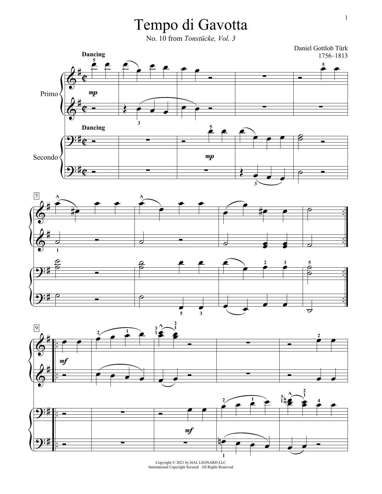 Download Daniel Gottlob Turk Tempo Di Gavotta (From Tonstucke, Vol. 3, No. 10) Sheet Music and learn how to play Piano Duet PDF digital score in minutes