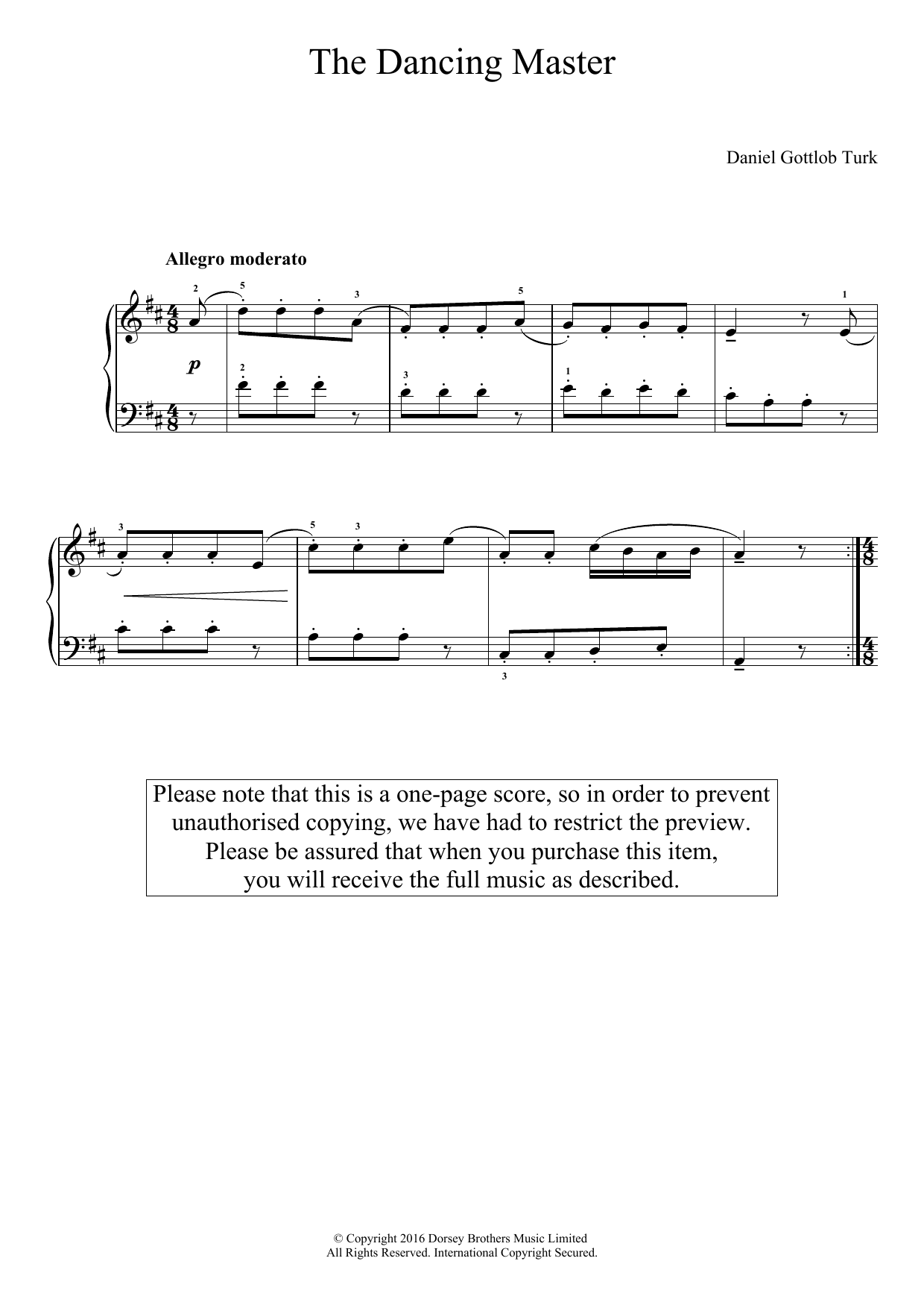 Download Daniel Gottlob Turk The Dancing Master Sheet Music and learn how to play Easy Piano PDF digital score in minutes