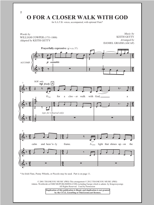 Download Daniel Grassi O For A Closer Walk With Thee Sheet Music and learn how to play Choral PDF digital score in minutes