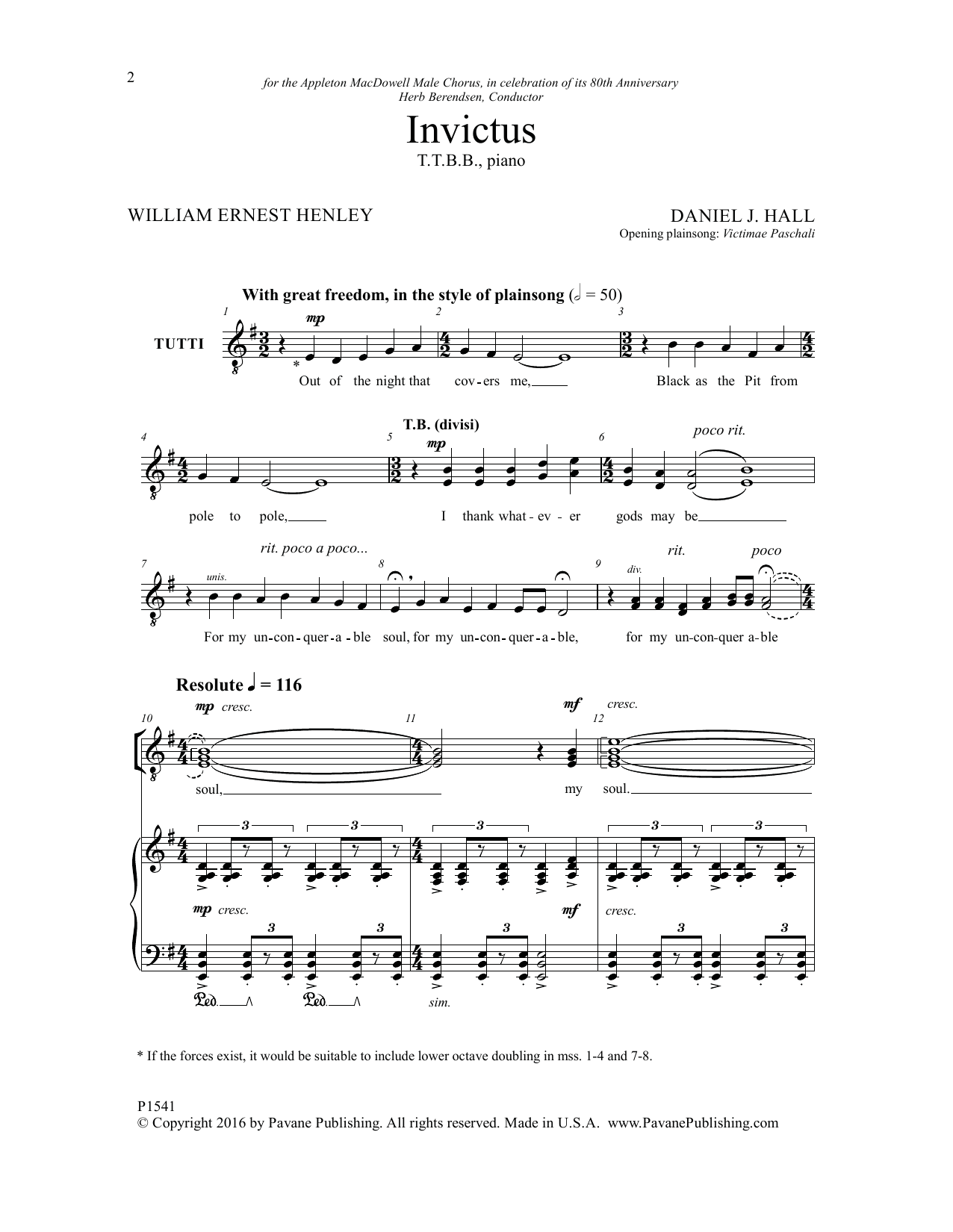 Download Daniel J. Hall Invictus Sheet Music and learn how to play TTBB Choir PDF digital score in minutes