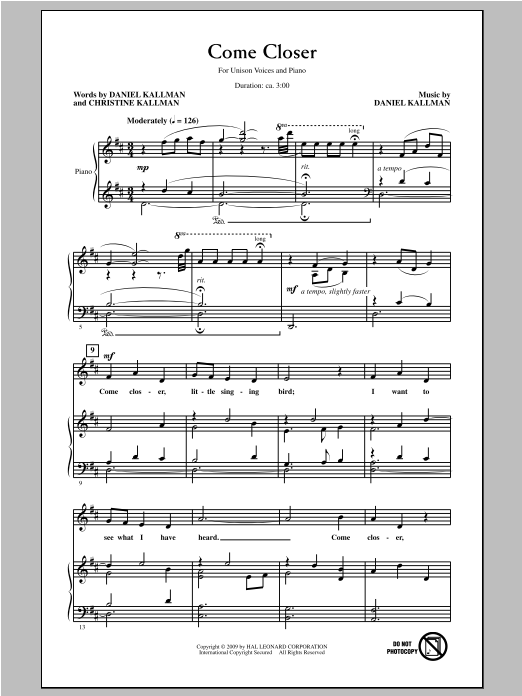 Download Daniel Kallman Come Closer Sheet Music and learn how to play Unison Voice PDF digital score in minutes