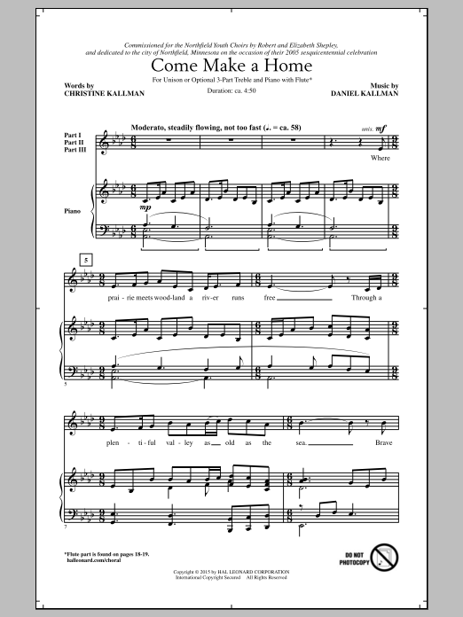 Download Daniel Kallman Come Make A Home Sheet Music and learn how to play 3-Part Treble PDF digital score in minutes
