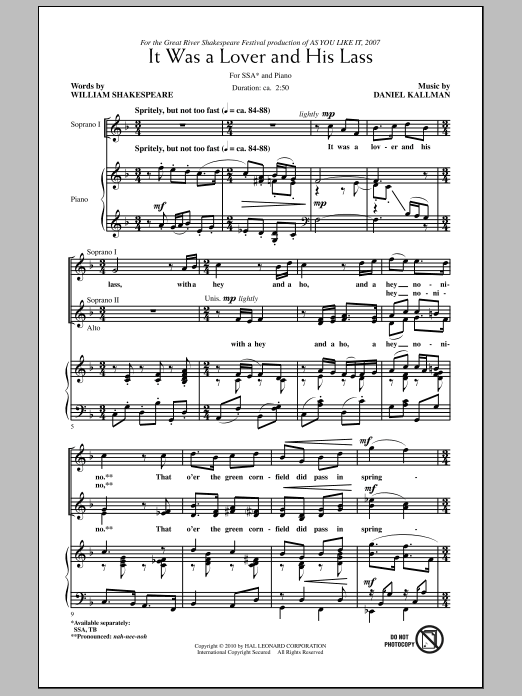 Download Daniel Kallman It Was A Lover And His Lass Sheet Music and learn how to play SSA Choir PDF digital score in minutes