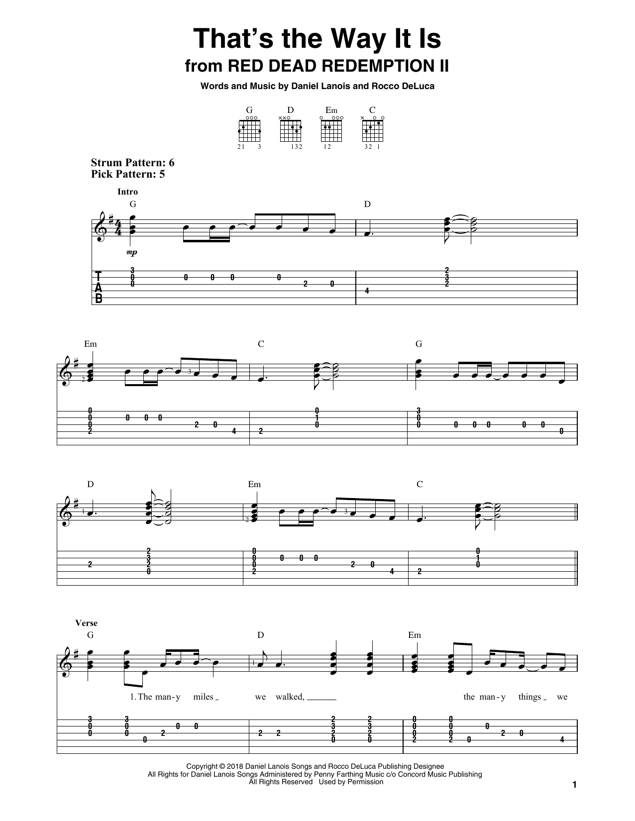 Download Daniel Lanois and Rocco DeLuca That's The Way It Is (from Red Dead Redemption II) Sheet Music and learn how to play Easy Guitar Tab PDF digital score in minutes