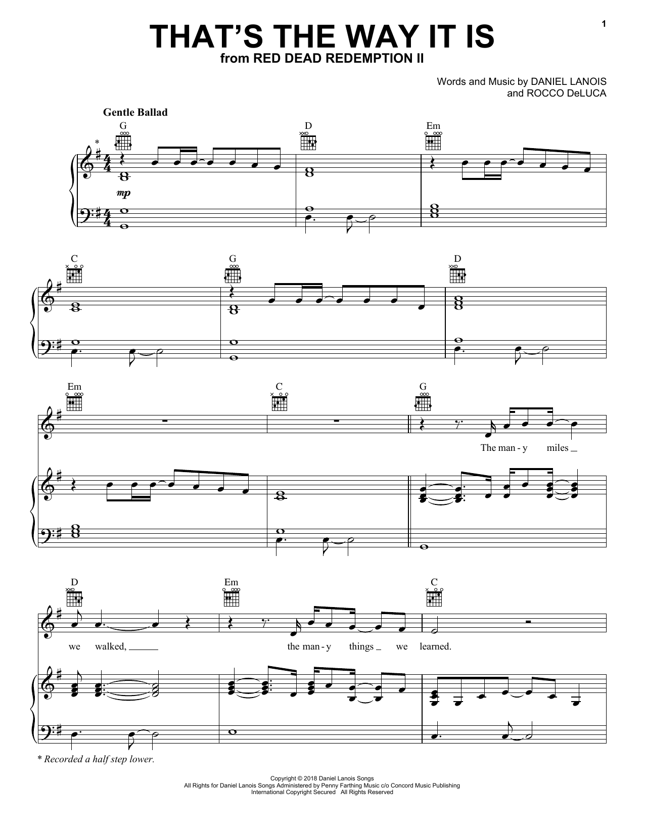 Download Daniel Lanois That's The Way It Is (from Red Dead Redemption 2) Sheet Music and learn how to play Piano, Vocal & Guitar Chords (Right-Hand Melody) PDF digital score in minutes