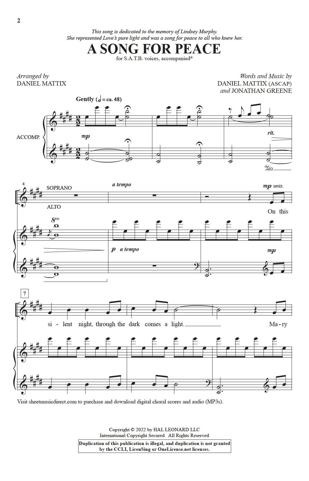 Download Daniel Mattix and Jonathan Greene A Song For Peace (arr. Daniel Mattix) Sheet Music and learn how to play SATB Choir PDF digital score in minutes