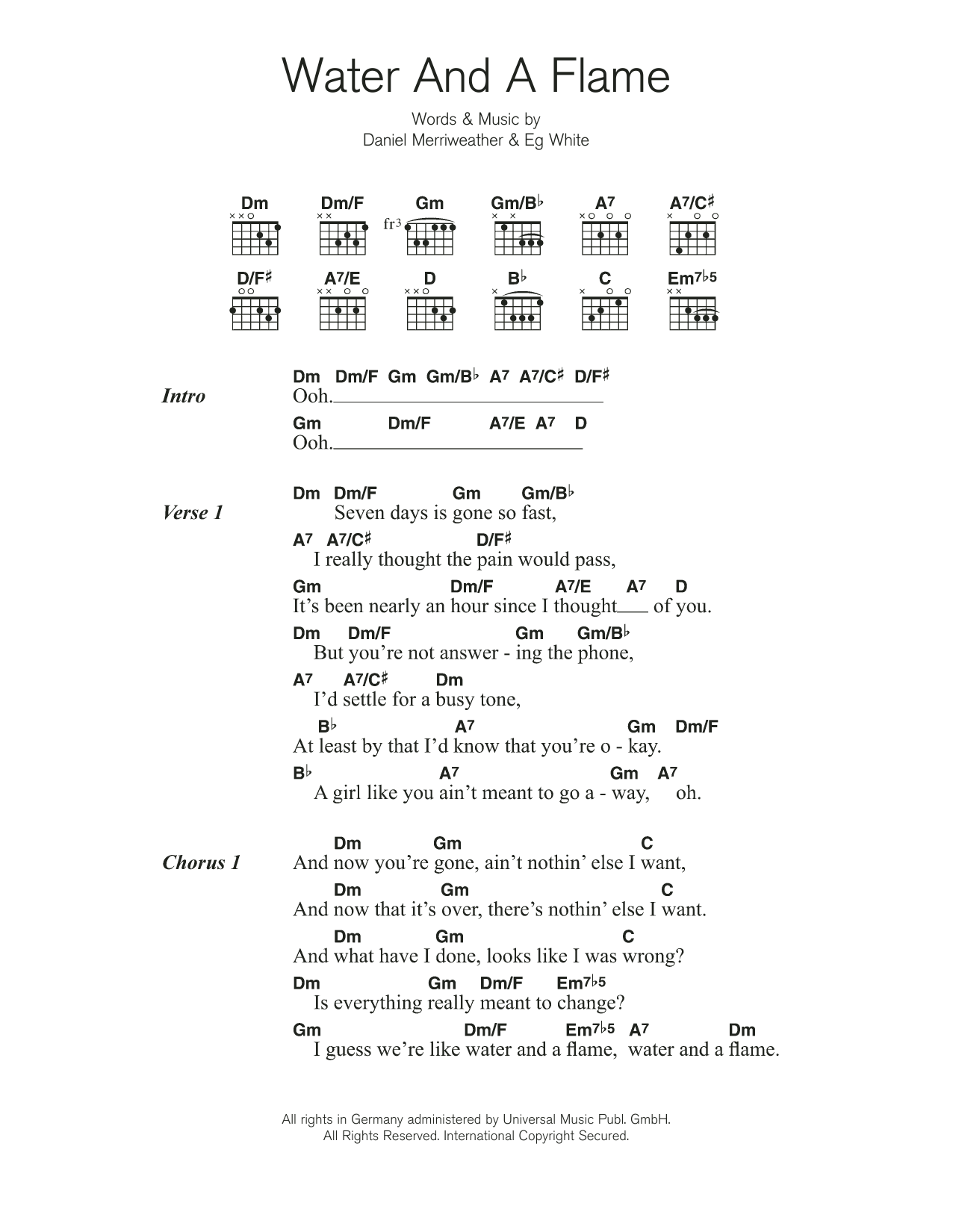 Download Daniel Merriweather Water And A Flame (featuring Adele) Sheet Music and learn how to play Guitar Chords/Lyrics PDF digital score in minutes