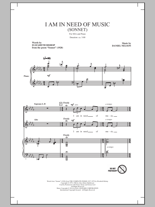 Download Daniel Nelson I Am In Need Of Music (Sonnet) Sheet Music and learn how to play SSA PDF digital score in minutes