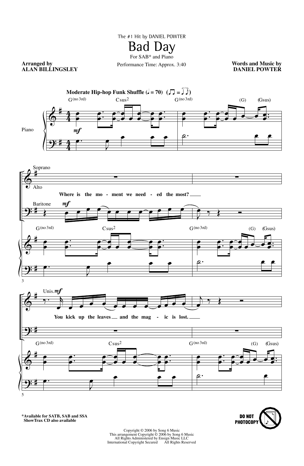 Download Daniel Powter Bad Day (arr. Alan Billingsley) Sheet Music and learn how to play SAB Choir PDF digital score in minutes