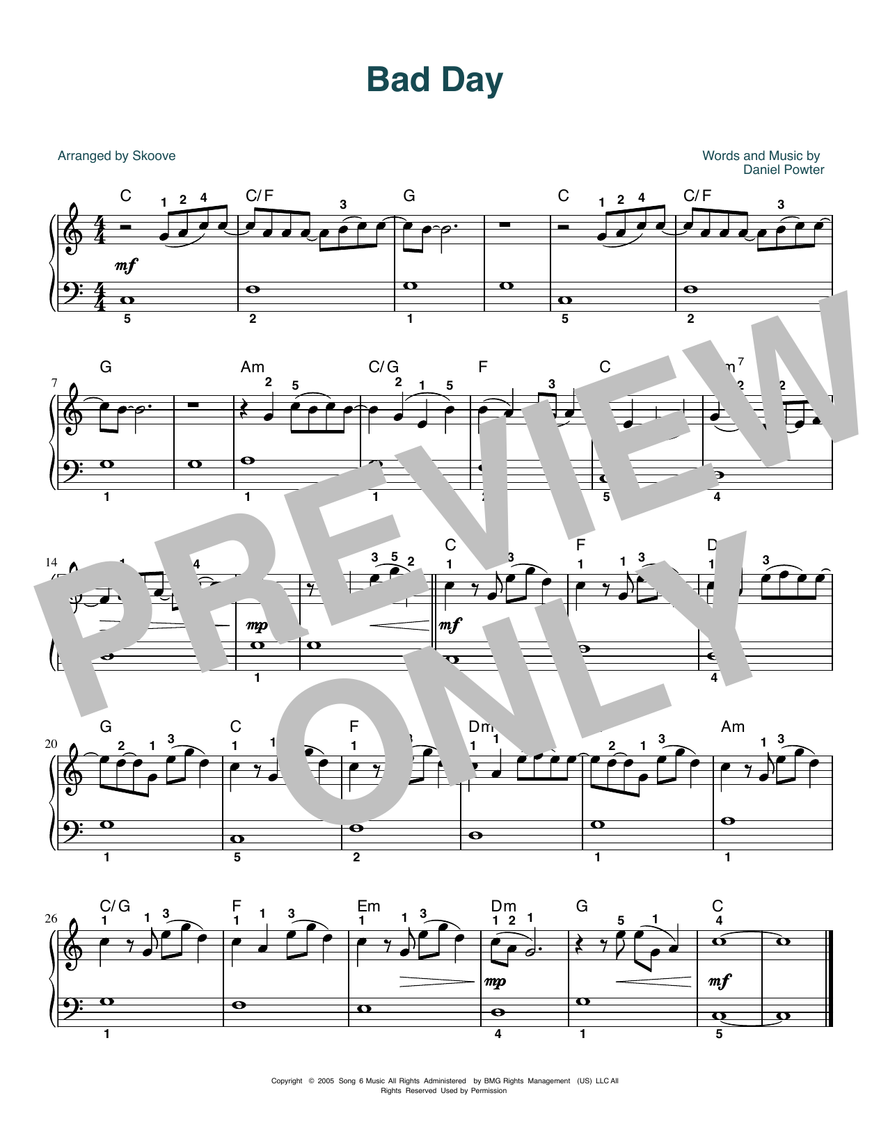 Download Daniel Powter Bad Day (arr. Skoove) Sheet Music and learn how to play Beginner Piano (Abridged) PDF digital score in minutes