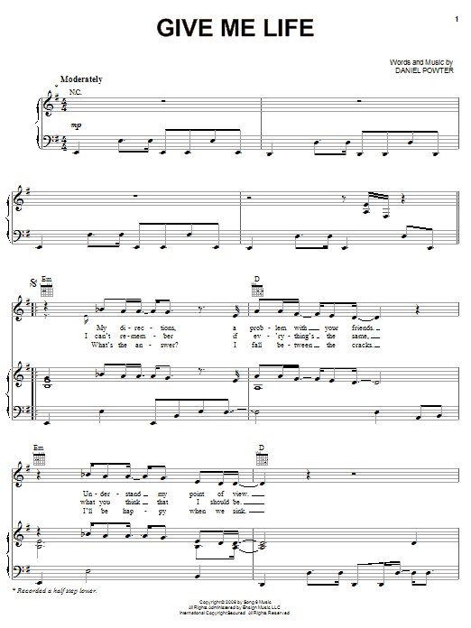 Download Daniel Powter Give Me Life Sheet Music and learn how to play Piano, Vocal & Guitar (Right-Hand Melody) PDF digital score in minutes