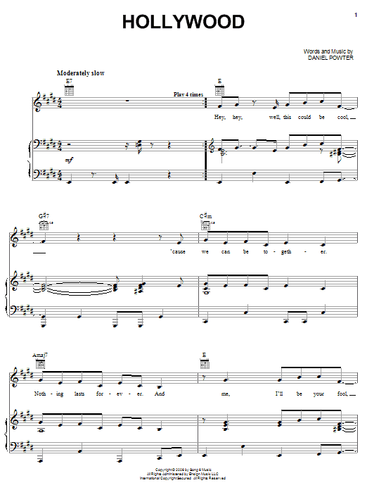 Download Daniel Powter Hollywood Sheet Music and learn how to play Piano, Vocal & Guitar (Right-Hand Melody) PDF digital score in minutes