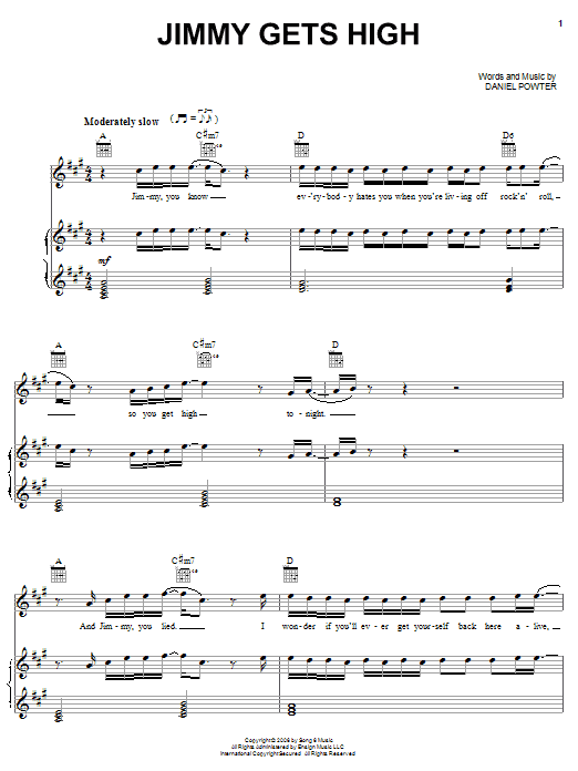 Download Daniel Powter Jimmy Gets High Sheet Music and learn how to play Piano, Vocal & Guitar (Right-Hand Melody) PDF digital score in minutes