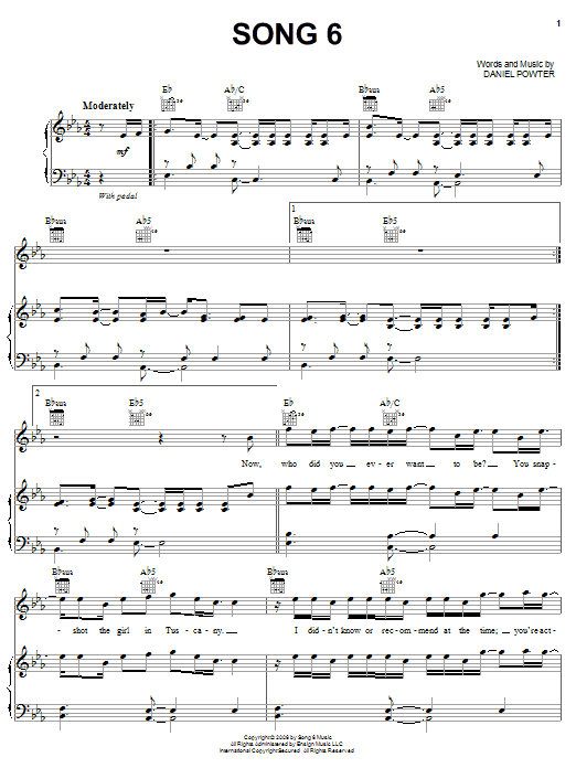 Download Daniel Powter Song 6 Sheet Music and learn how to play Piano, Vocal & Guitar (Right-Hand Melody) PDF digital score in minutes