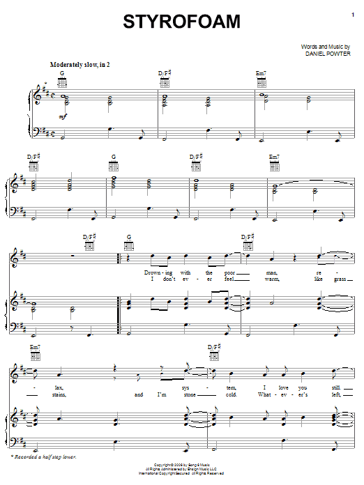 Download Daniel Powter Styrofoam Sheet Music and learn how to play Piano, Vocal & Guitar (Right-Hand Melody) PDF digital score in minutes