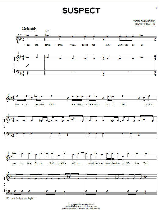 Download Daniel Powter Suspect Sheet Music and learn how to play Piano, Vocal & Guitar (Right-Hand Melody) PDF digital score in minutes