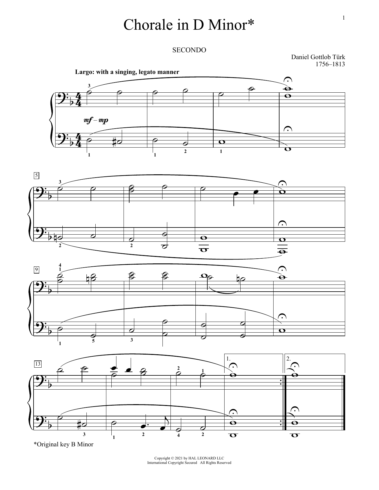 Download Daniel Turk Chorale In D Minor Sheet Music and learn how to play Piano Duet PDF digital score in minutes