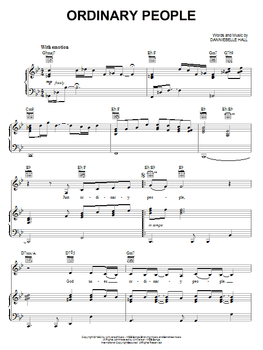 Download Danniebelle Hall Ordinary People Sheet Music and learn how to play Piano, Vocal & Guitar (Right-Hand Melody) PDF digital score in minutes