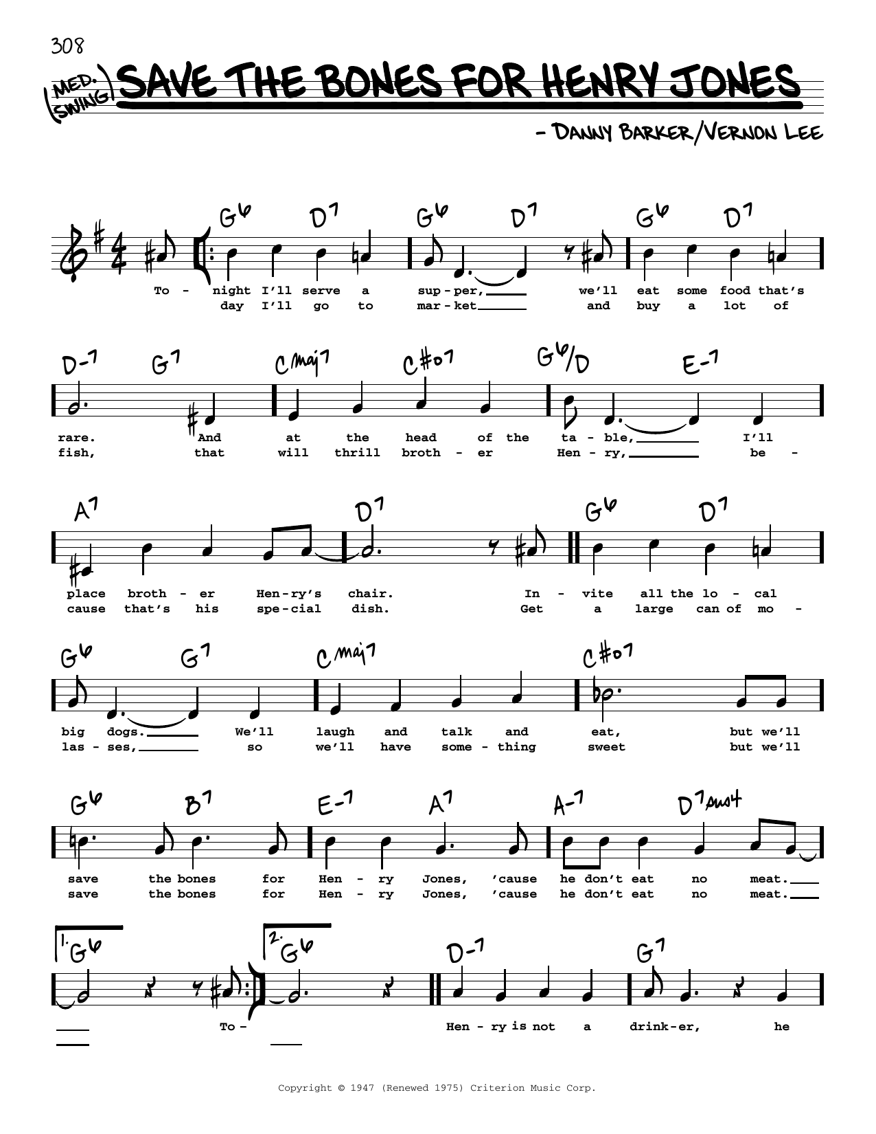 Download Danny Barker Save The Bones For Henry Jones (High Voice) Sheet Music and learn how to play Real Book – Melody, Lyrics & Chords PDF digital score in minutes