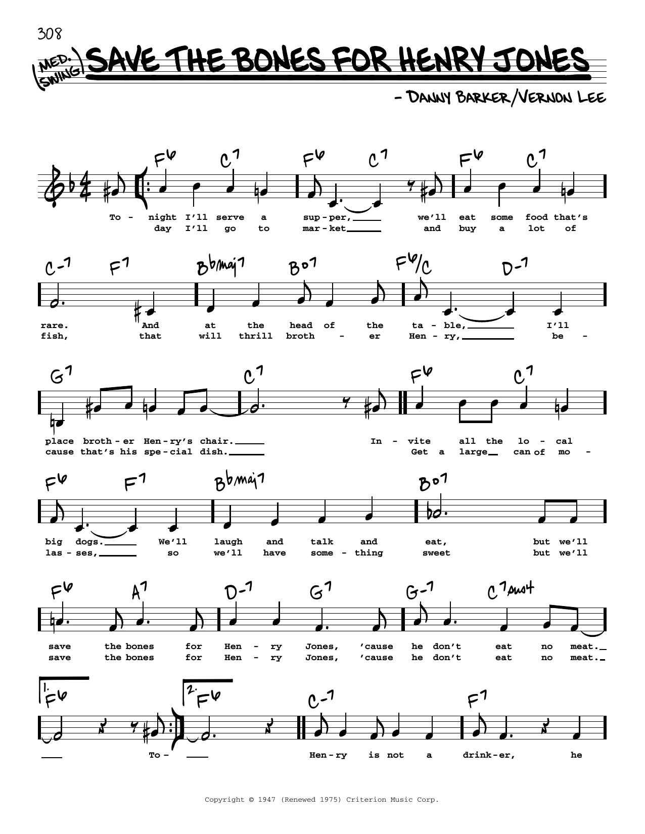 Download Danny Barker Save The Bones For Henry Jones (Low Voice) Sheet Music and learn how to play Real Book – Melody, Lyrics & Chords PDF digital score in minutes