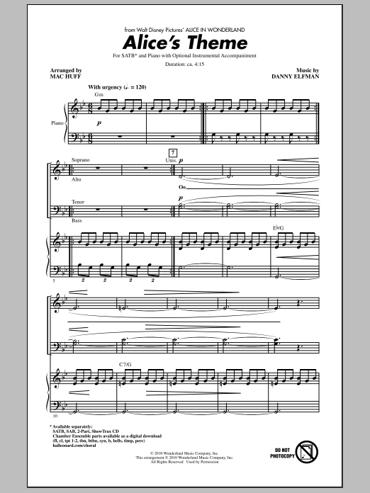 Download Danny Elfman Alice's Theme (from Alice In Wonderland) (arr. Mac Huff) Sheet Music and learn how to play SATB Choir PDF digital score in minutes