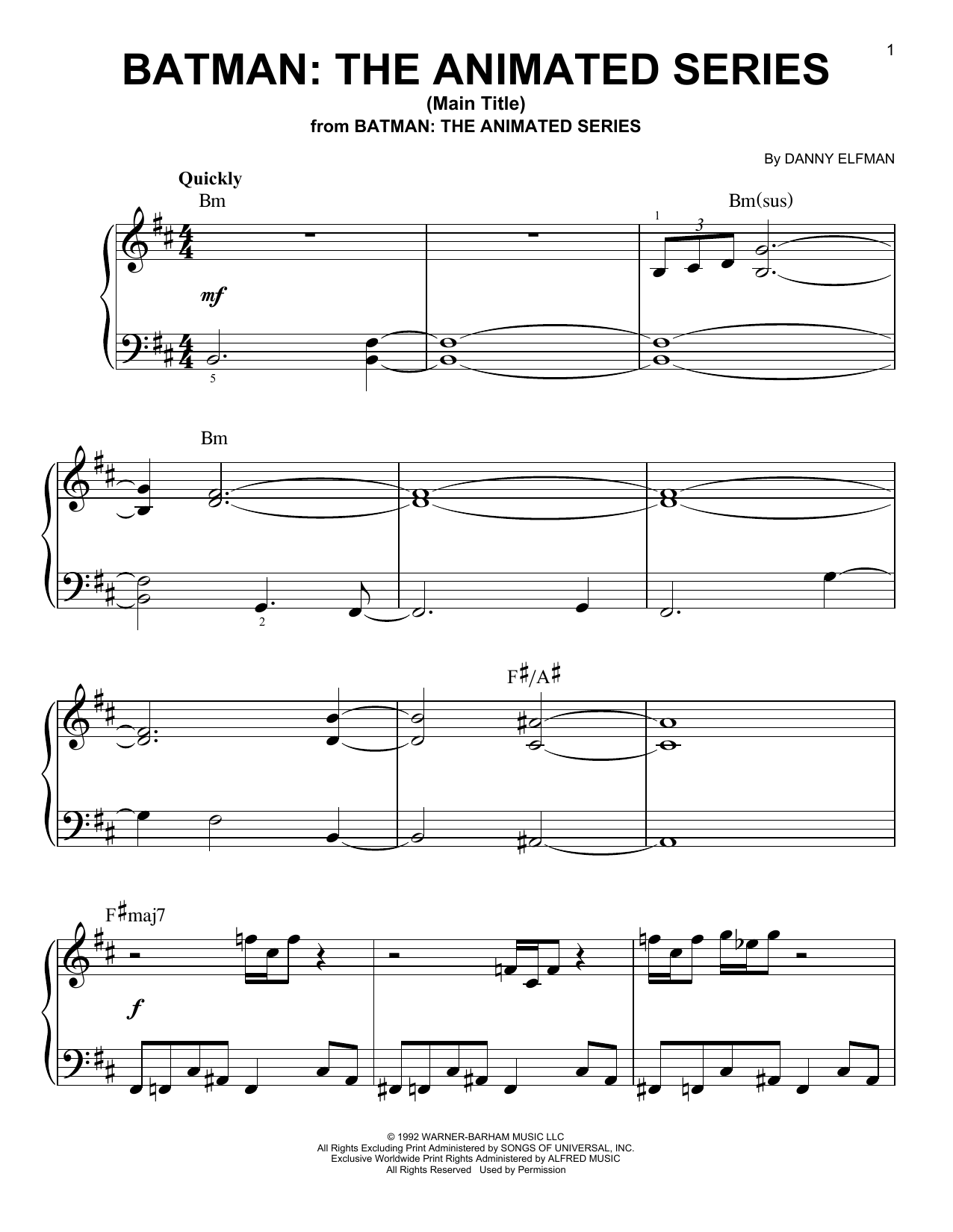 Download Danny Elfman Batman: The Animated Series (Main Title) Sheet Music and learn how to play Easy Piano PDF digital score in minutes