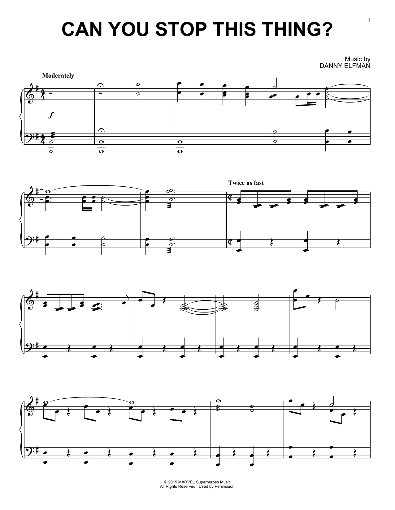 Download Danny Elfman Can You Stop This Thing? (from Avengers: Age of Ultron) Sheet Music and learn how to play Piano PDF digital score in minutes
