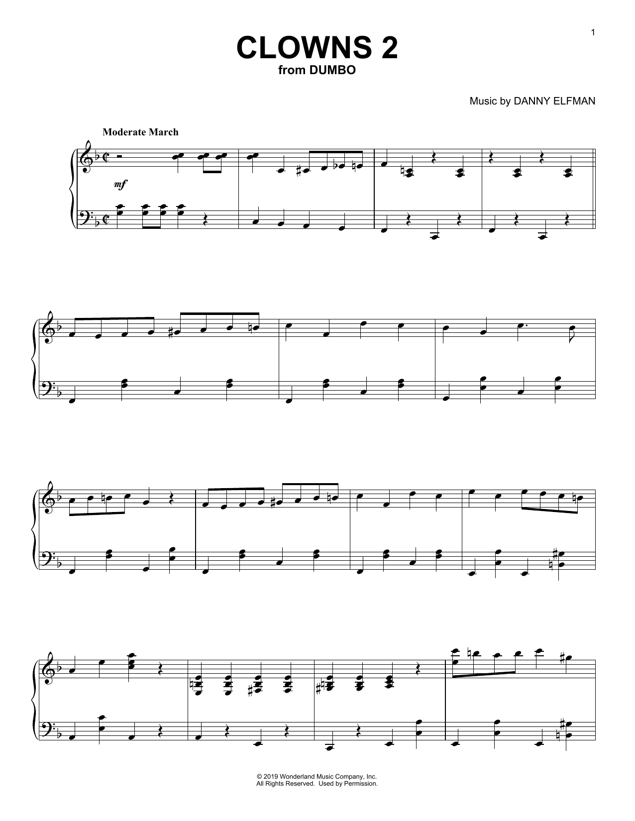 Download Danny Elfman Clowns 2 (from the Motion Picture Dumbo) Sheet Music and learn how to play Piano Solo PDF digital score in minutes