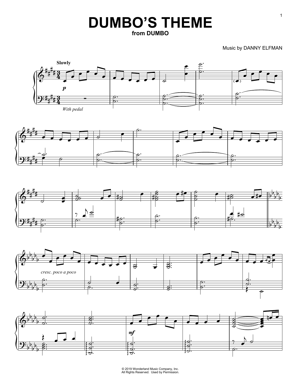 Download Danny Elfman Dumbo's Theme (from the Motion Picture Dumbo) Sheet Music and learn how to play Piano Solo PDF digital score in minutes