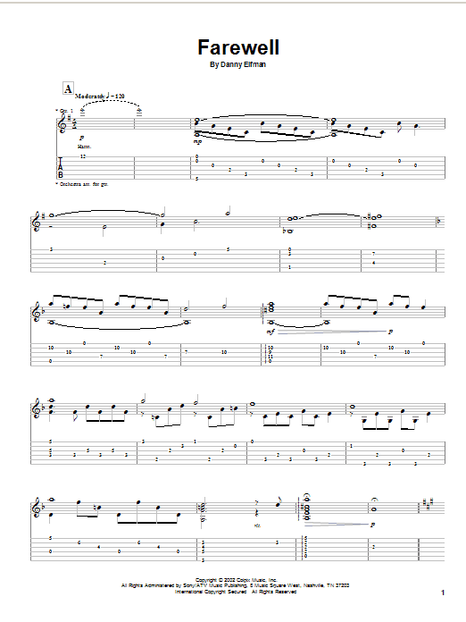 Download Danny Elfman Farewell (from Spiderman) Sheet Music and learn how to play Guitar Tab PDF digital score in minutes