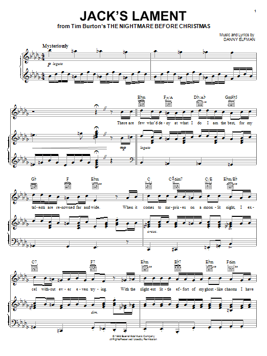 Download Danny Elfman Jack's Lament (from The Nightmare Before Christmas) Sheet Music and learn how to play Piano Solo PDF digital score in minutes