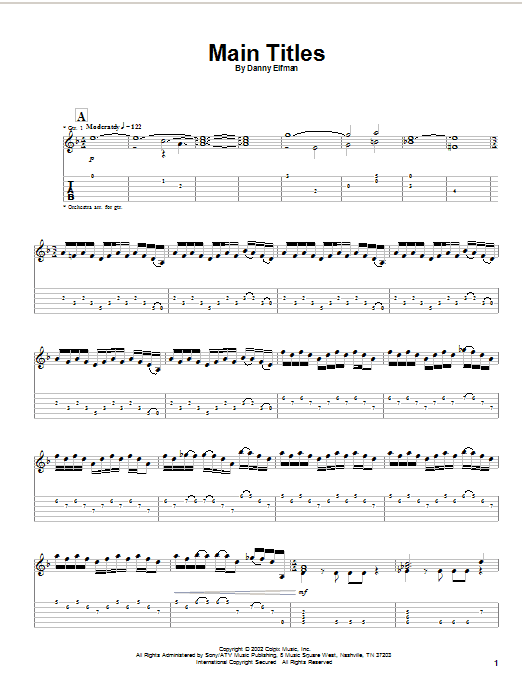 Download Danny Elfman Main Titles (from Spiderman) Sheet Music and learn how to play Guitar Tab PDF digital score in minutes