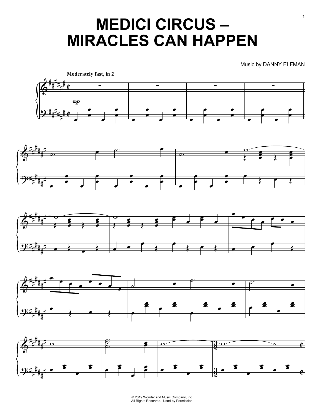 Download Danny Elfman Medici Circus-Miracles Can Happen (from the Motion Picture Dumbo) Sheet Music and learn how to play Piano Solo PDF digital score in minutes