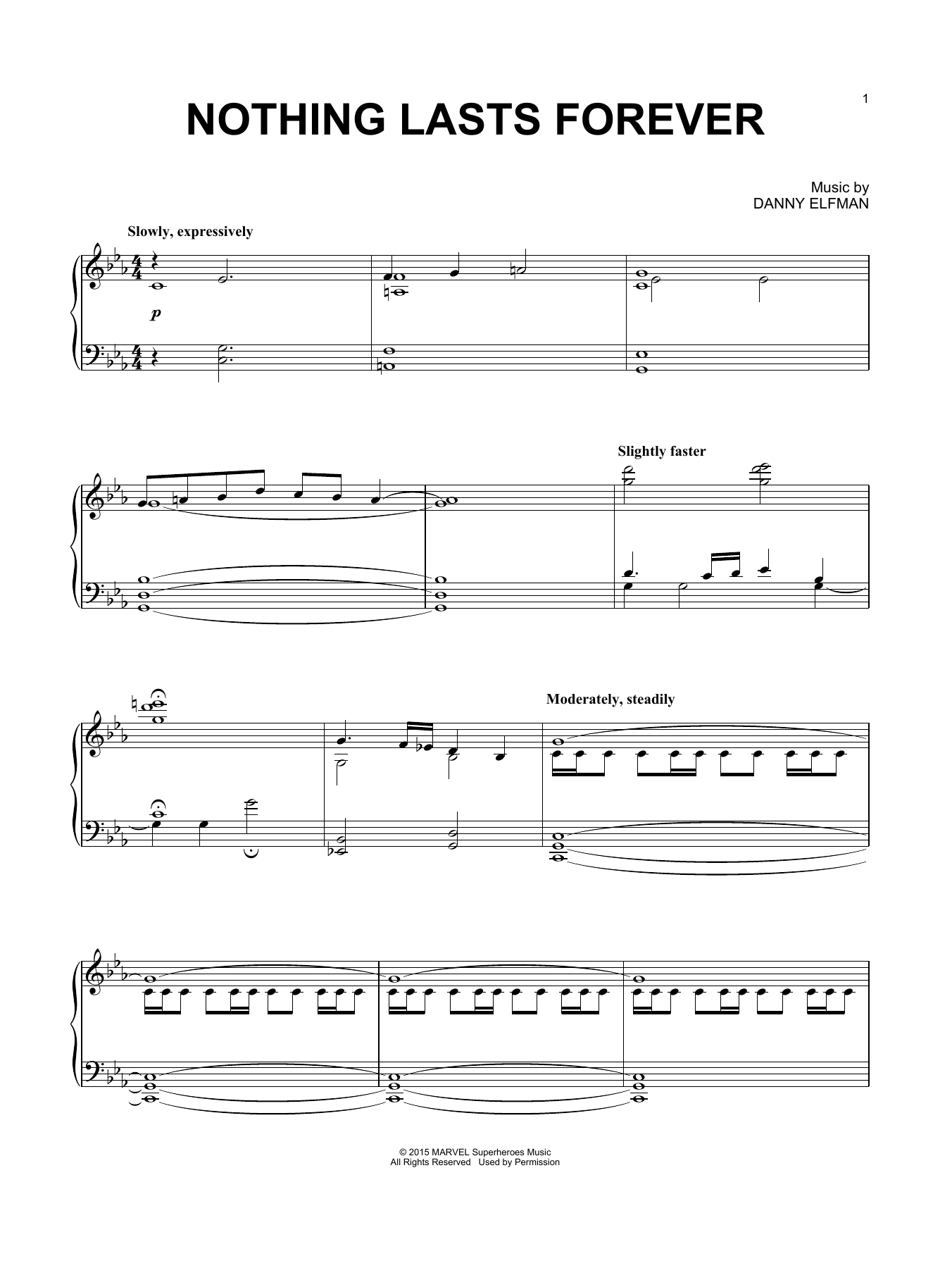Download Danny Elfman Nothing Lasts Forever (from Avengers: Age of Ultron) Sheet Music and learn how to play Piano PDF digital score in minutes