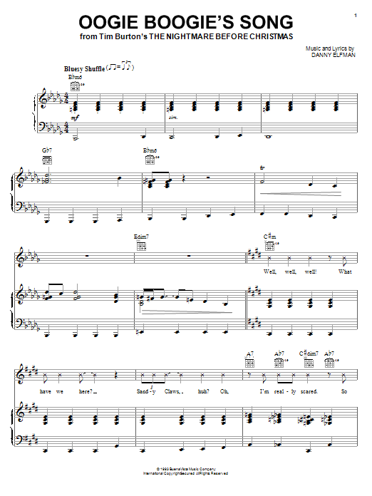 Download Danny Elfman Oogie Boogie's Song Sheet Music and learn how to play Piano, Vocal & Guitar (Right-Hand Melody) PDF digital score in minutes