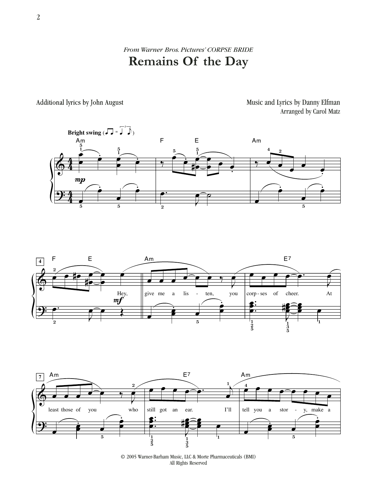 Download Danny Elfman Remains Of The Day (from Corpse Bride) (arr. Carol Matz) Sheet Music and learn how to play Easy Piano PDF digital score in minutes