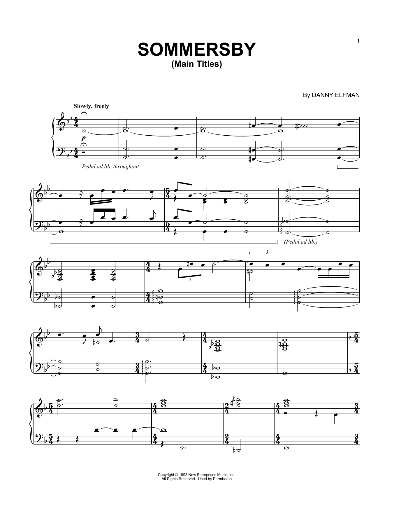 Download Danny Elfman Sommersby - Main Titles Sheet Music and learn how to play Piano Solo PDF digital score in minutes