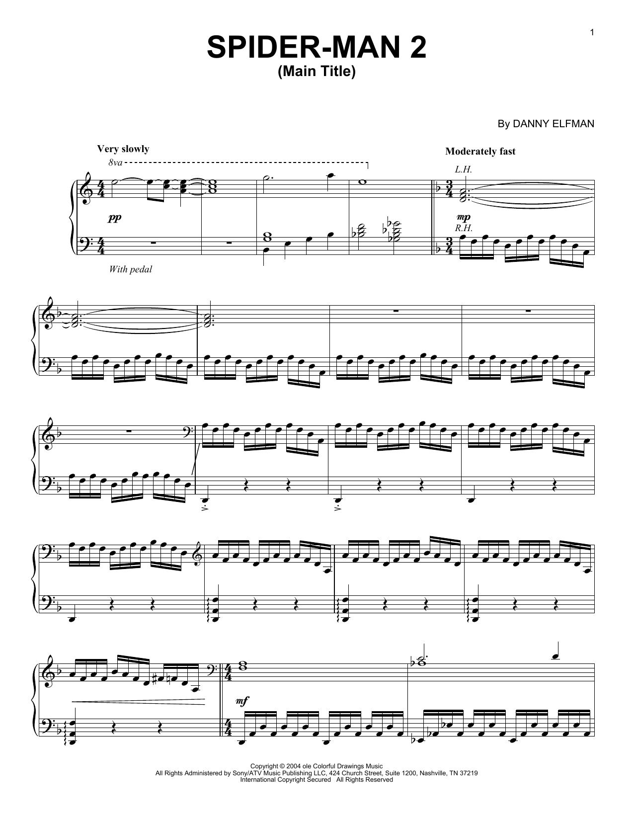 Download Danny Elfman Spider-Man 2 (Main Title) Sheet Music and learn how to play Piano Solo PDF digital score in minutes