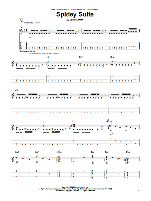 Download Danny Elfman Spidey Suite (from Spiderman 2) Sheet Music and learn how to play Guitar Tab PDF digital score in minutes