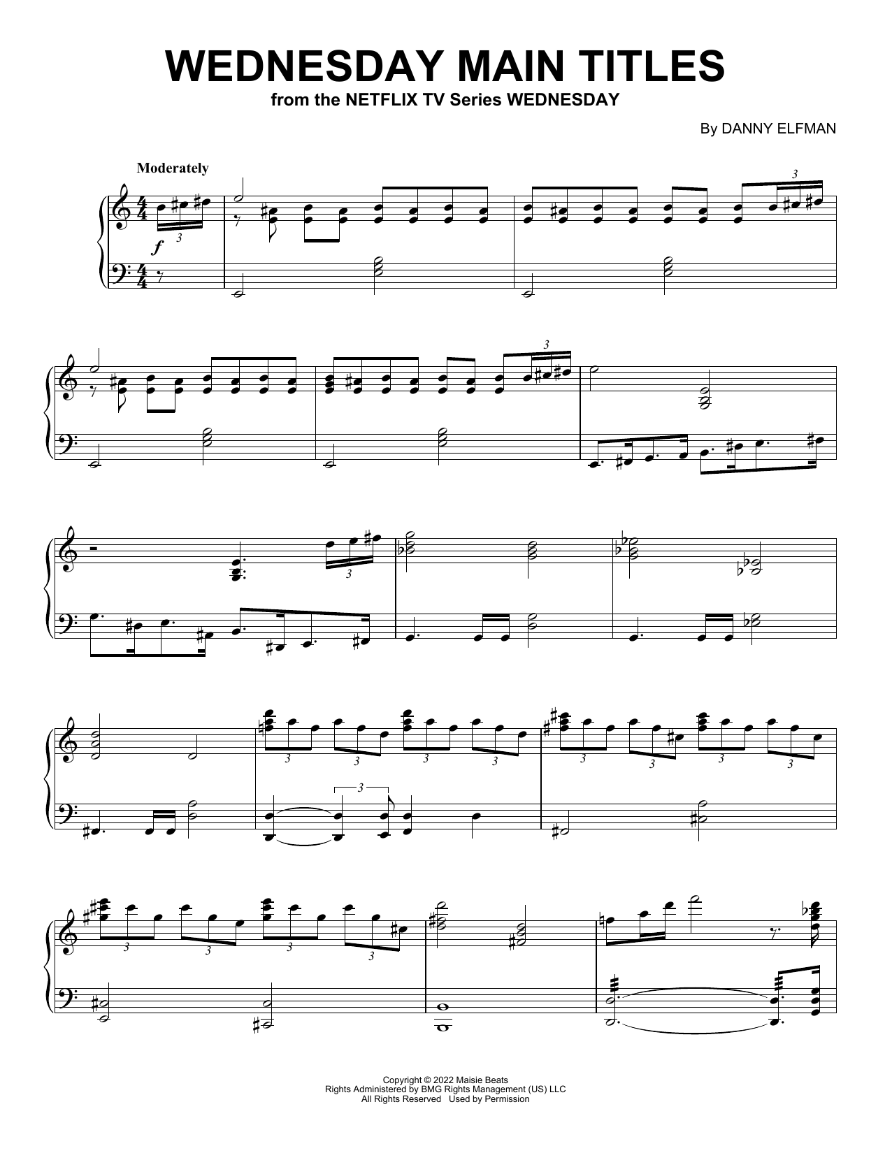 Download Danny Elfman Wednesday Main Titles Sheet Music and learn how to play Easy Piano PDF digital score in minutes