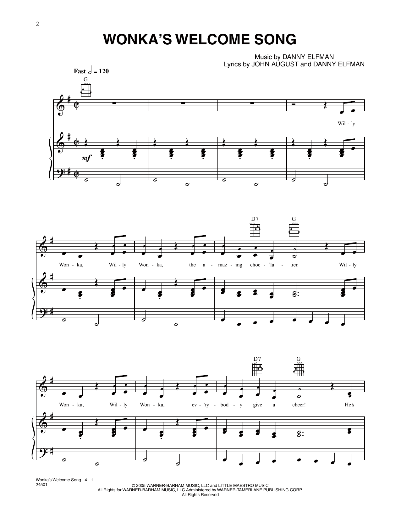 Download Danny Elfman Wonka's Welcome Song (from Charlie And The Chocolate Factory) Sheet Music and learn how to play Piano, Vocal & Guitar Chords (Right-Hand Melody) PDF digital score in minutes