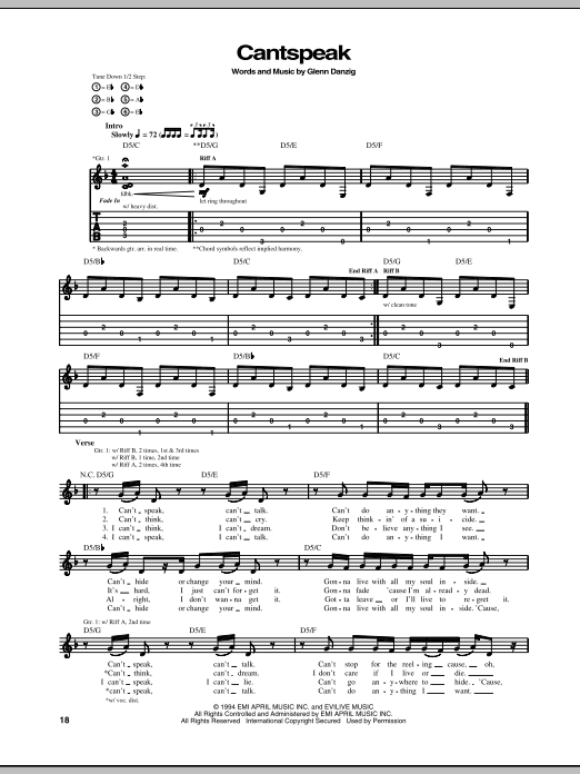 Download Danzig Cantspeak Sheet Music and learn how to play Guitar Tab PDF digital score in minutes