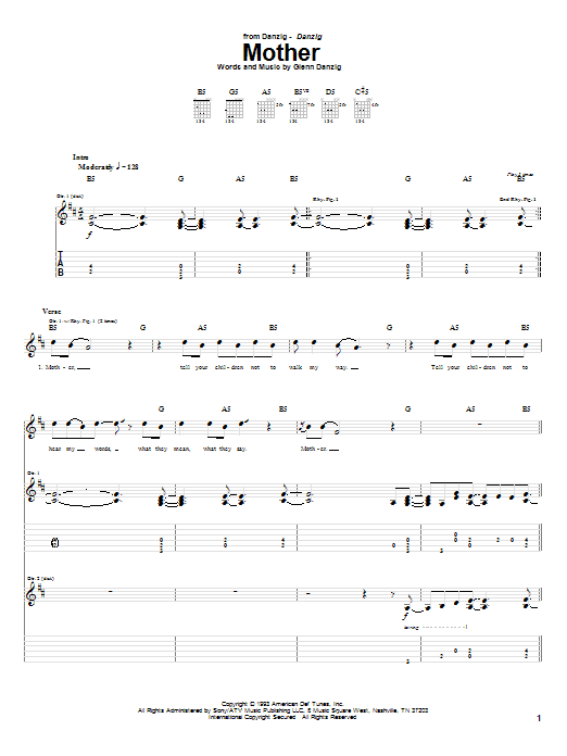 Download Danzig Mother Sheet Music and learn how to play Guitar Tab PDF digital score in minutes