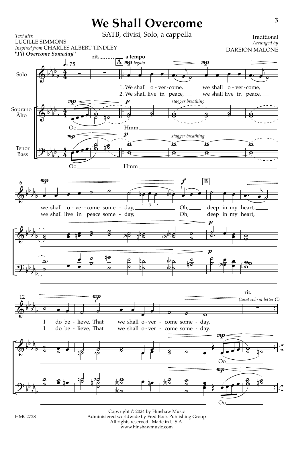 Download Dareion Malone We Shall Overcome Sheet Music and learn how to play SATB Choir PDF digital score in minutes