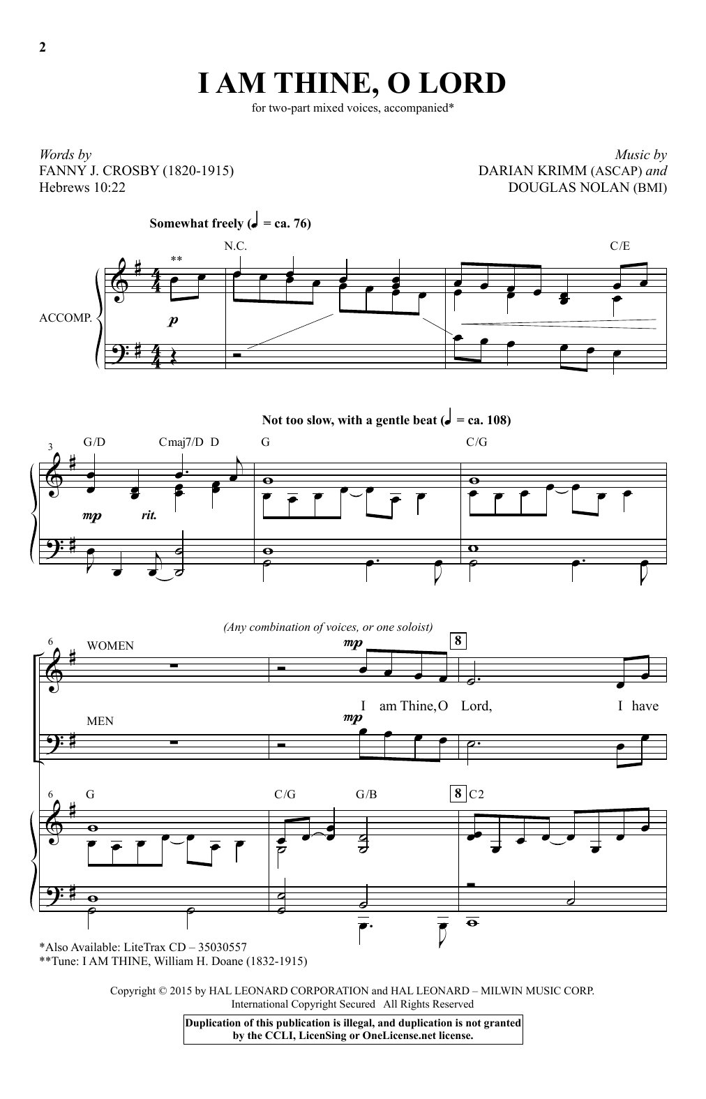 Download Darian Krimm I Am Thine, O Lord Sheet Music and learn how to play 2-Part Choir PDF digital score in minutes